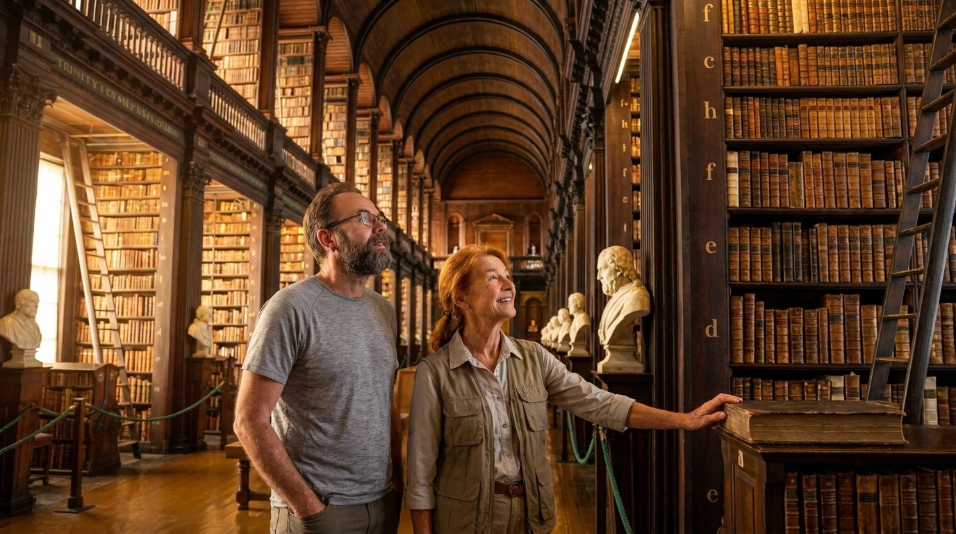 Jason and Ada in the Long Room of Trinity College Library in Dublin