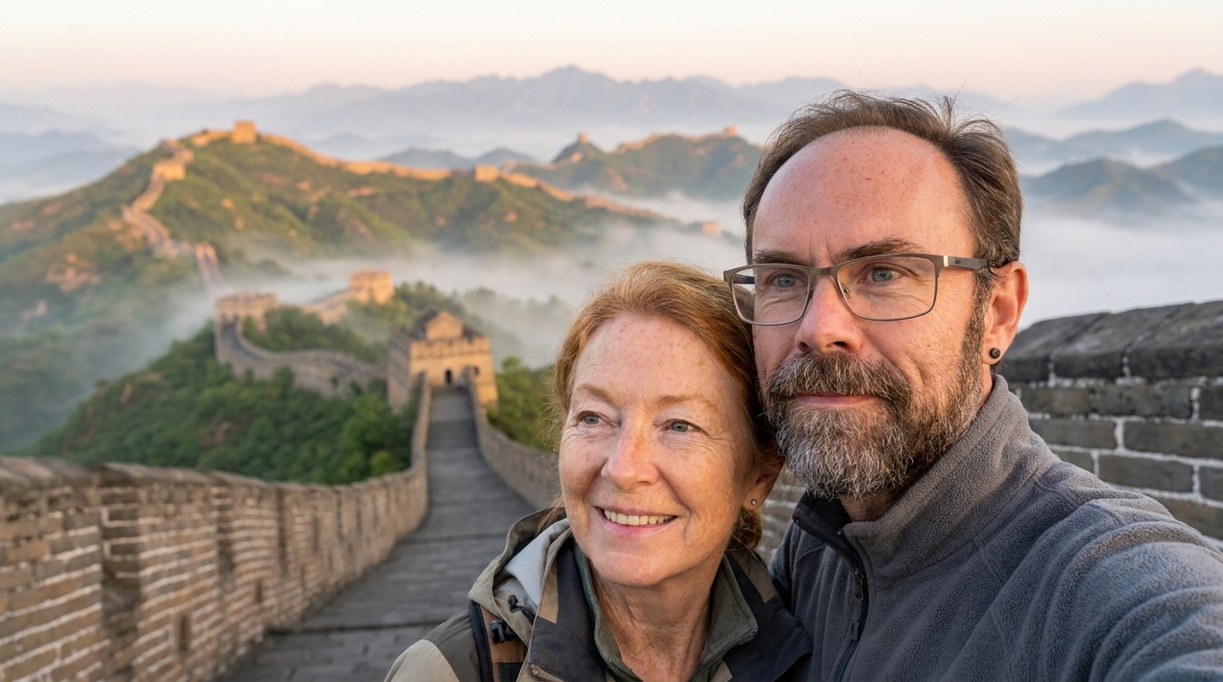 Jason and Ada cheek to cheek on the Great Wall of China at dawn