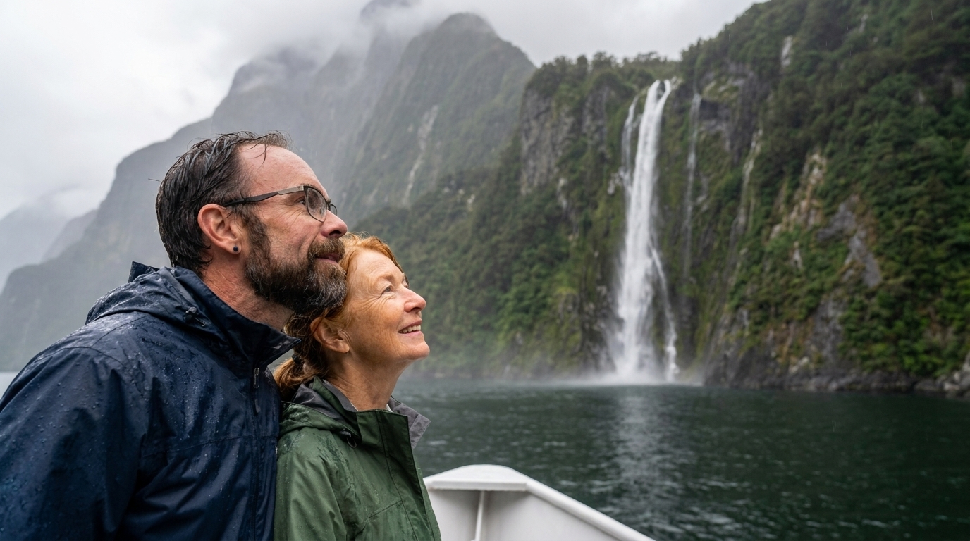 Jason and Ada on a boat before a waterfall in Milford Sound, New Zealand