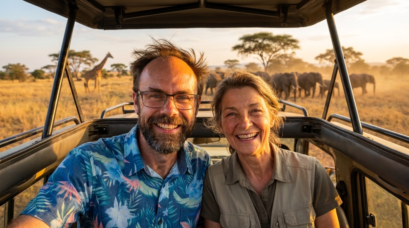 Jason and Ada together on an African safari at golden hour
