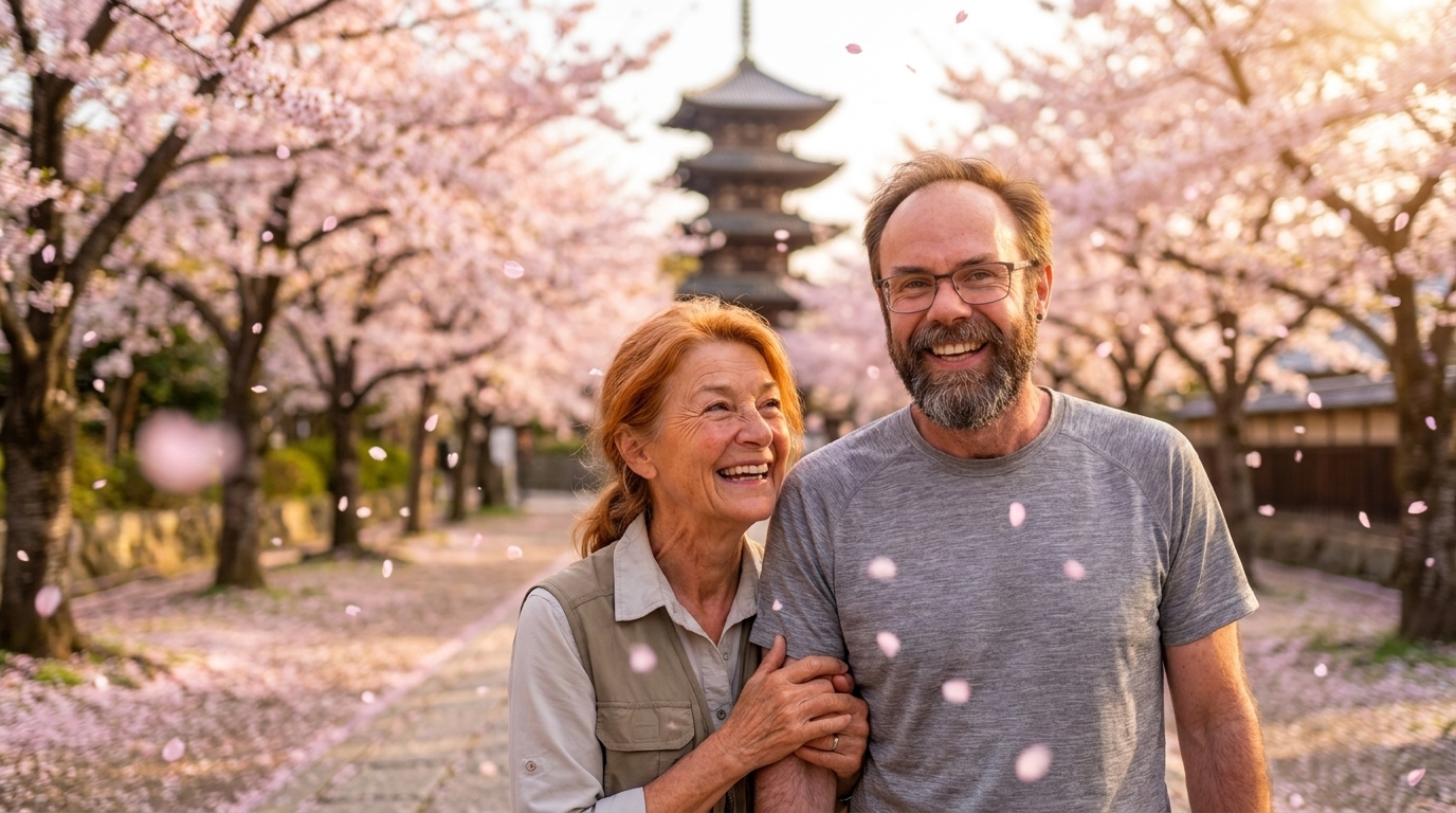 Jason and Ada under the cherry blossoms in Japan, petals falling